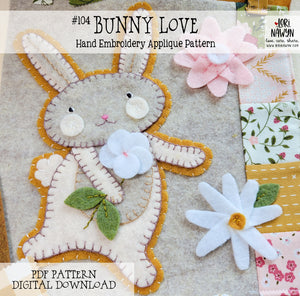 BUNNY LOVE HAND EMBROIDERY APPLIQUE PDF PATTERN DOWNLOAD