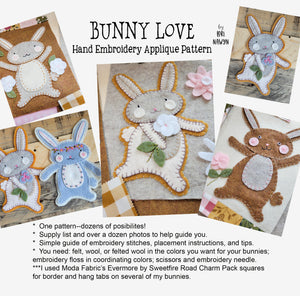 BUNNY LOVE HAND EMBROIDERY APPLIQUE PDF PATTERN DOWNLOAD